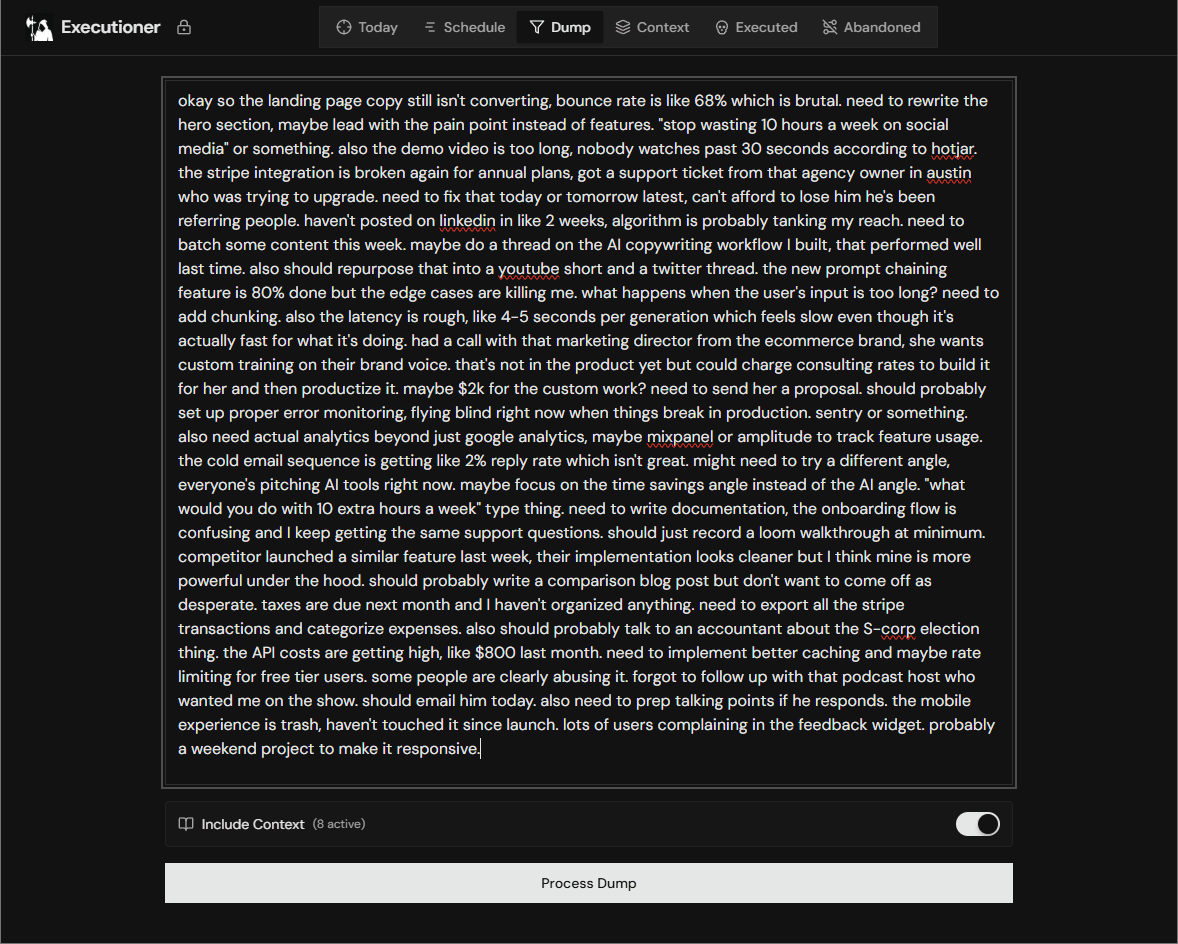 Executioner Brain Dump interface